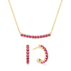 Rosecliff bar necklace and huggie earrings featuring 2 mm faceted round cut rubies prong set in 14k yellow gold - front view