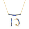 Rosecliff bar necklace and huggie earrings featuring 2 mm faceted round cut sapphires prong set in 14k gold - front view