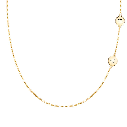 14k yellow gold cable chain necklace featuring two 1/4” flat discs engraved with the letters A and B - front view