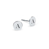 Pair of 14k white gold stud earrings each featuring one 1/4” flat disc engraved with the letter A
