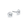 Pair of 14k white gold stud earrings each featuring one 1/4” flat disc engraved with the letter M