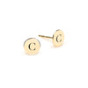 Pair of 14k yellow gold stud earrings each featuring one 1/4” flat disc engraved with the letter C - front view
