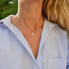 Woman wearing a 14k yellow gold cable chain necklace featuring one 1/4” flat disc engraved with the letter S