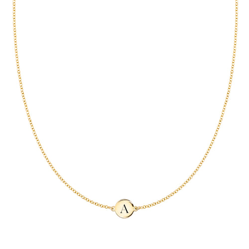 14k yellow gold cable chain necklace featuring one 1/4” flat disc engraved with the letter A - front view