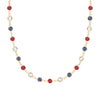 Liberty Newport necklace featuring 19 alternating 4 mm briolette white topaz, sapphires and rubies bezel set in 14k gold