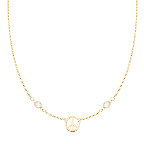 Small Peace Sign & 2 Birthstone Necklace in 14k Gold