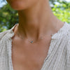 Woman with a Grand & Classic necklace featuring one 6 mm and four 4 mm Nantucket Blue Topaz bezel set in 14k yellow gold