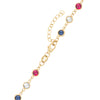 14k yellow gold 1.17 mm cable chain with a lobster claw clasp and alternating 4 mm briolette white topaz, sapphires & rubies