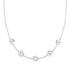 14k white gold cable chain necklace featuring five 1/4” flat engraved letter discs, spelling Lucky