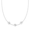 14k white gold cable chain necklace featuring three 1/4” flat engraved letter discs, spelling Oma