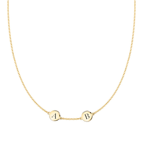 14k yellow gold cable chain necklace featuring two 1/4” flat discs engraved with the letters A and B - front view