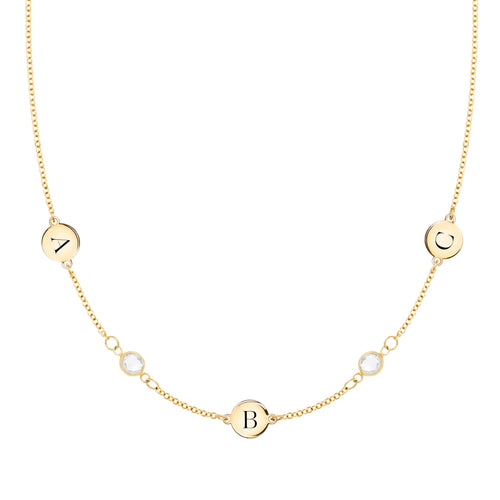 14k gold Classic necklace featuring two birthstones and three 1/4” flat letter-engraved discs - front view