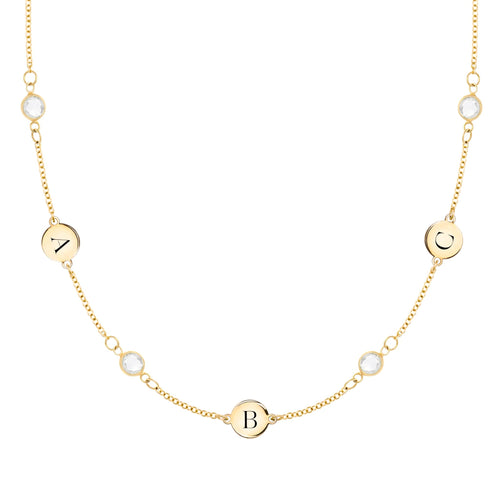 14k gold Classic necklace featuring 4 birthstones and three 1/4” flat discs engraved with the letters A, B & C - front view
