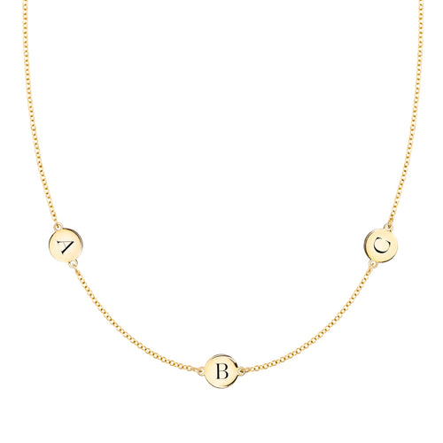 14k yellow gold cable chain necklace featuring three 1/4” flat discs engraved with the letters ABC - front view