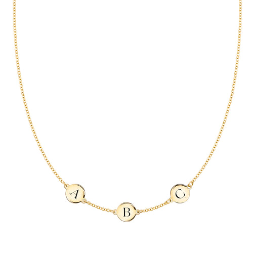 14k yellow gold cable chain necklace featuring three 1/4” flat discs engraved with the letters ABC - front view