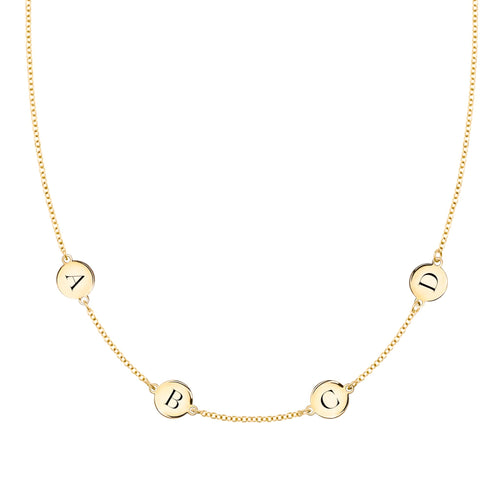 14k yellow gold cable chain necklace featuring four 1/4” flat discs engraved with the letters ABCD - front view