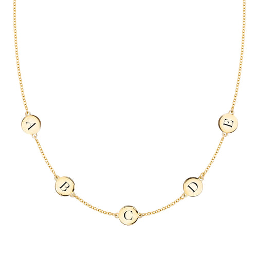 14k yellow gold cable chain necklace featuring five 1/4” flat discs engraved with the letters ABCDE - front view