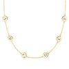 14k yellow gold cable chain necklace featuring six 1/4” flat discs engraved with letters, spelling ABCDEF - front view