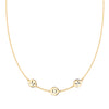 14k yellow gold cable chain necklace featuring three 1/4” flat engraved letter discs, spelling Mom - front view