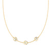 14k yellow gold cable chain necklace featuring three 1/4” flat engraved letter discs, spelling Mum - front view