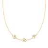 14k yellow gold cable chain necklace featuring three 1/4” flat engraved letter discs, spelling XOX - front view