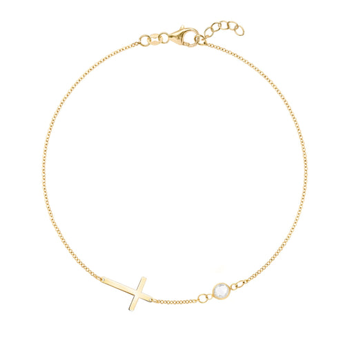 14k yellow gold Classic necklace featuring one birthstone and a 1/2" cutout cross - front view
