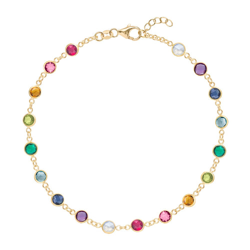 Newport 14k yellow gold bracelet featuring eighteen 4 mm briolette cut bezel set rainbow hued gemstones - front view