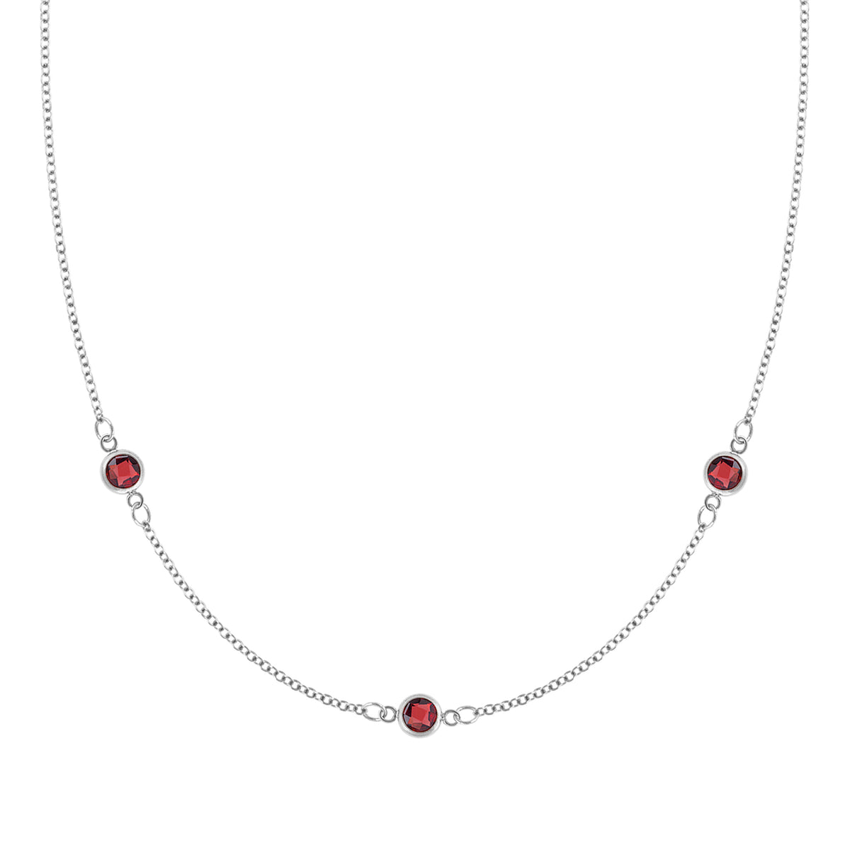 Bayberry 1.17 mm cable chain birthstone necklace featuring three 4 mm briolette garnets bezel set in 14k white gold