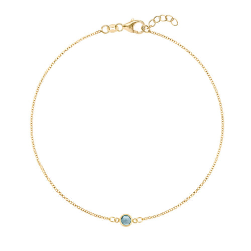 Classic cable chain bracelet featuring one 4 mm briolette cut Nantucket blue topaz bezel set in 14k yellow gold - front view
