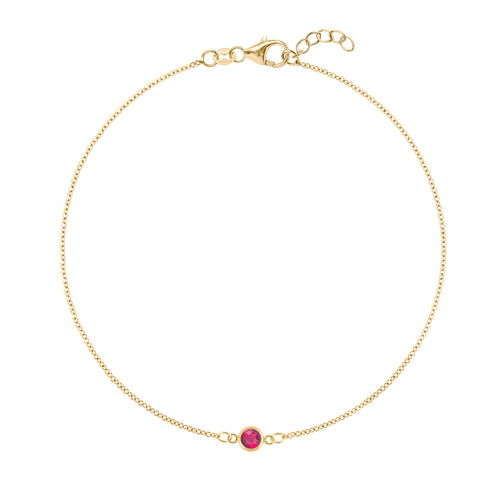 Classic cable chain bracelet featuring one 4 mm briolette cut ruby bezel set in 14k yellow gold - front view