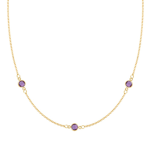 Bayberry 1.17 mm cable chain birthstone necklace featuring three 4 mm briolette amethysts bezel set in 14k gold - front view