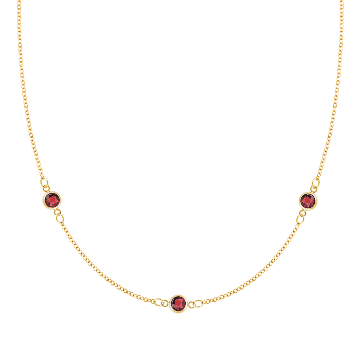 Bayberry 1.17 mm cable chain birthstone necklace featuring three 4 mm briolette garnets bezel set in 14k gold - front view