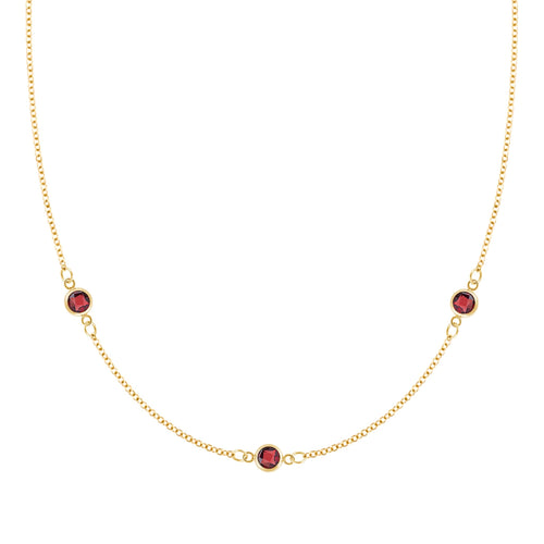 Bayberry 1.17 mm cable chain birthstone necklace featuring three 4 mm briolette garnets bezel set in 14k gold - front view