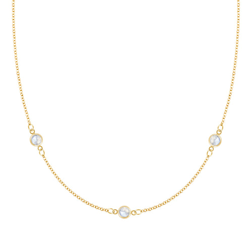 Bayberry 1.17 mm cable chain birthstone necklace featuring three 4 mm briolette moonstones bezel set in 14k gold - front view