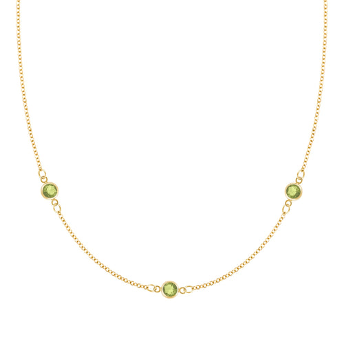 Bayberry 1.17 mm cable chain birthstone necklace featuring three 4 mm briolette peridots bezel set in 14k gold - front view