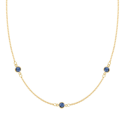 Bayberry 1.17 mm cable chain birthstone necklace featuring three 4 mm briolette sapphires bezel set in 14k gold - front view