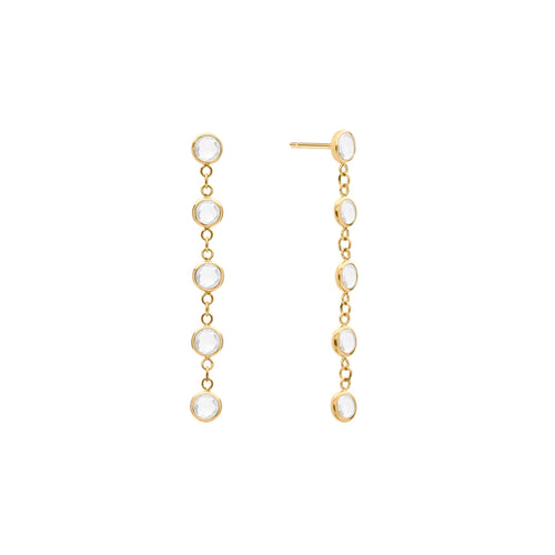 Pair of Classic earrings each featuring five 4 mm briolette cut white topaz bezel set in 14k yellow gold