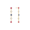 Pair of Newport earrings each featuring 5 alternating 4 mm white topaz, sapphires and rubies set in 14k yellow gold