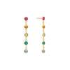 Pair of Newport earrings each featuring 5 alternating rainbow hued 4 mm gemstones set in 14k yellow gold