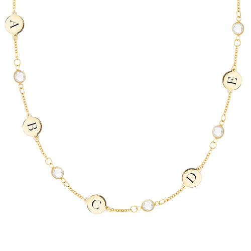 14k yellow gold Classic necklace featuring five round birthstones and five 1/4” flat letter-engraved discs - front view