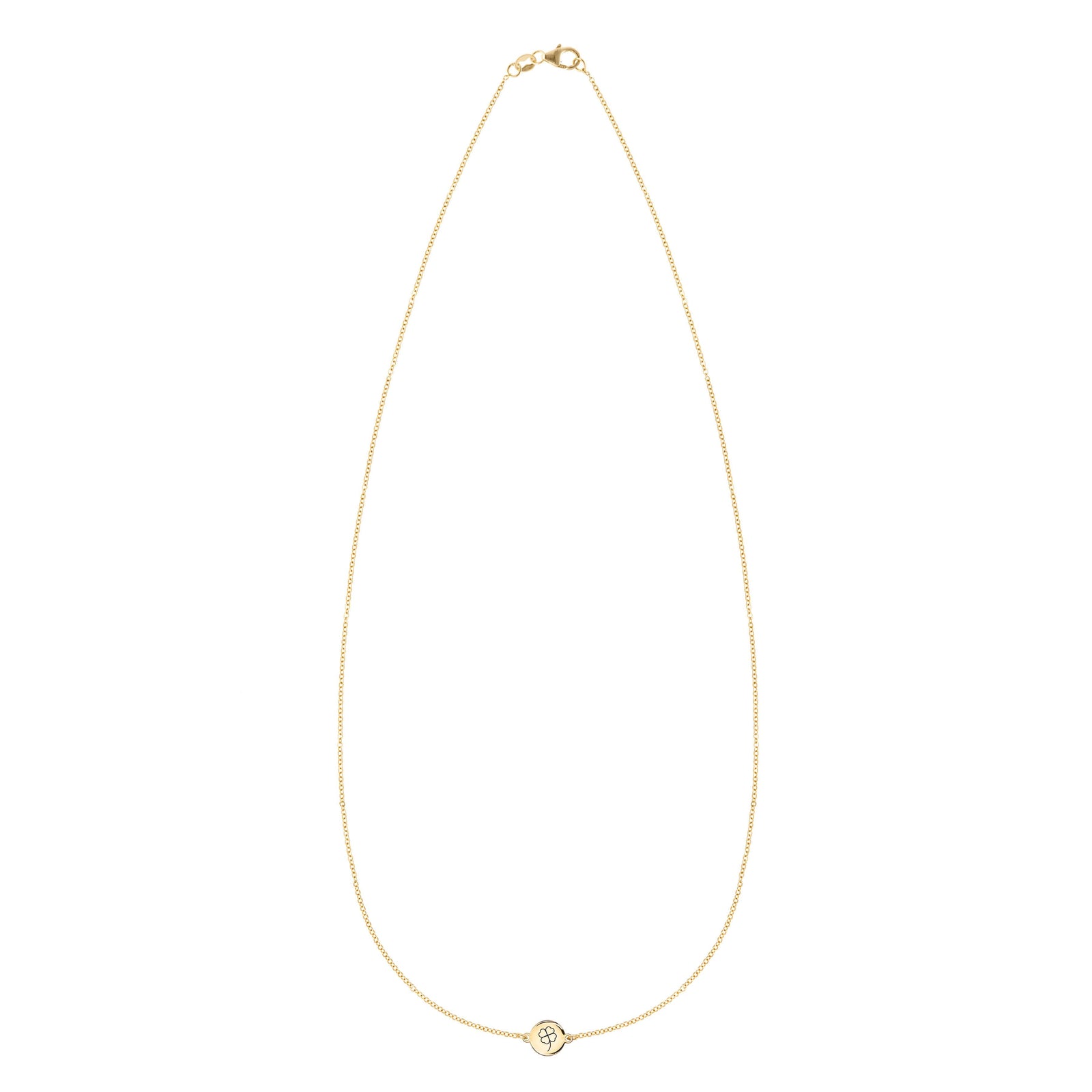 14k yellow gold 1.17 mm cable chain necklace featuring one 1/4” flat disc engraved with a four leaf clover