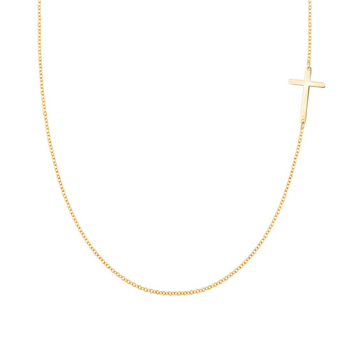 14k yellow gold 1.17 mm cable chain necklace featuring a 1/2" cutout cross - front view
