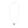 Greenwich cable chain necklace featuring five 4 mm round cut emeralds and one 2.1 mm diamond bezel set in 14k yellow gold
