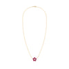 Greenwich cable chain necklace featuring five 4 mm round cut rubies and one 2.1 mm diamond bezel set in 14k yellow gold