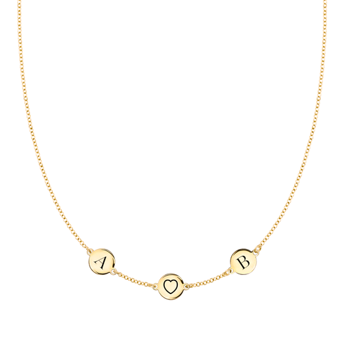 14k gold necklace featuring one 1/4” flat disc engraved with a heart symbol and two letter-engraved discs - front view