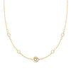 14k gold Classic necklace featuring four round birthstones and one 1/4” flat disc engraved with a heart - front view