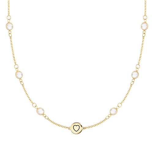 14k gold Classic necklace featuring six birthstones and one 1/4” flat disc engraved with a heart symbol - front view