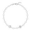 Newport 14k white gold bracelet featuring 4 mm gemstones and two 1/4” flat discs engraved with the letters H and L