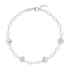 Newport white gold bracelet featuring fourteen 4 mm gemstones and four 1/4” flat discs engraved with the letters A, B, C & D