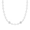 White gold Newport necklace featuring 4 mm briolette cut gemstones and two 1/4” flat discs engraved with the letters A & B